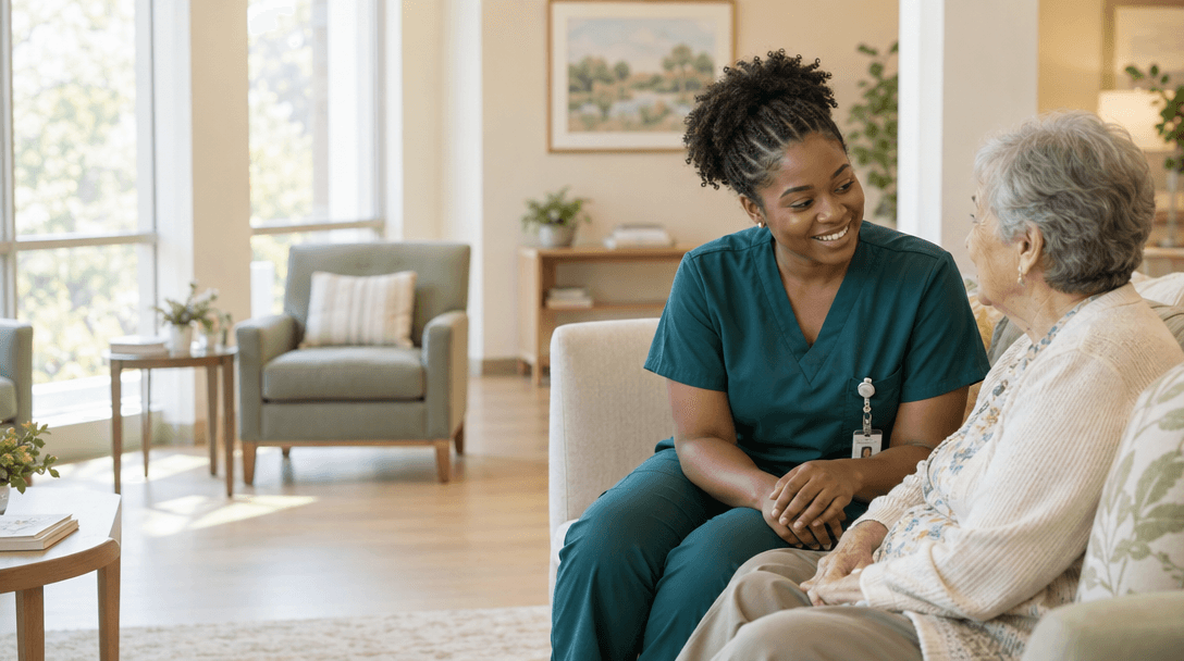 A caregiver in teal scrubs speaking with an older adult in a bright care setting